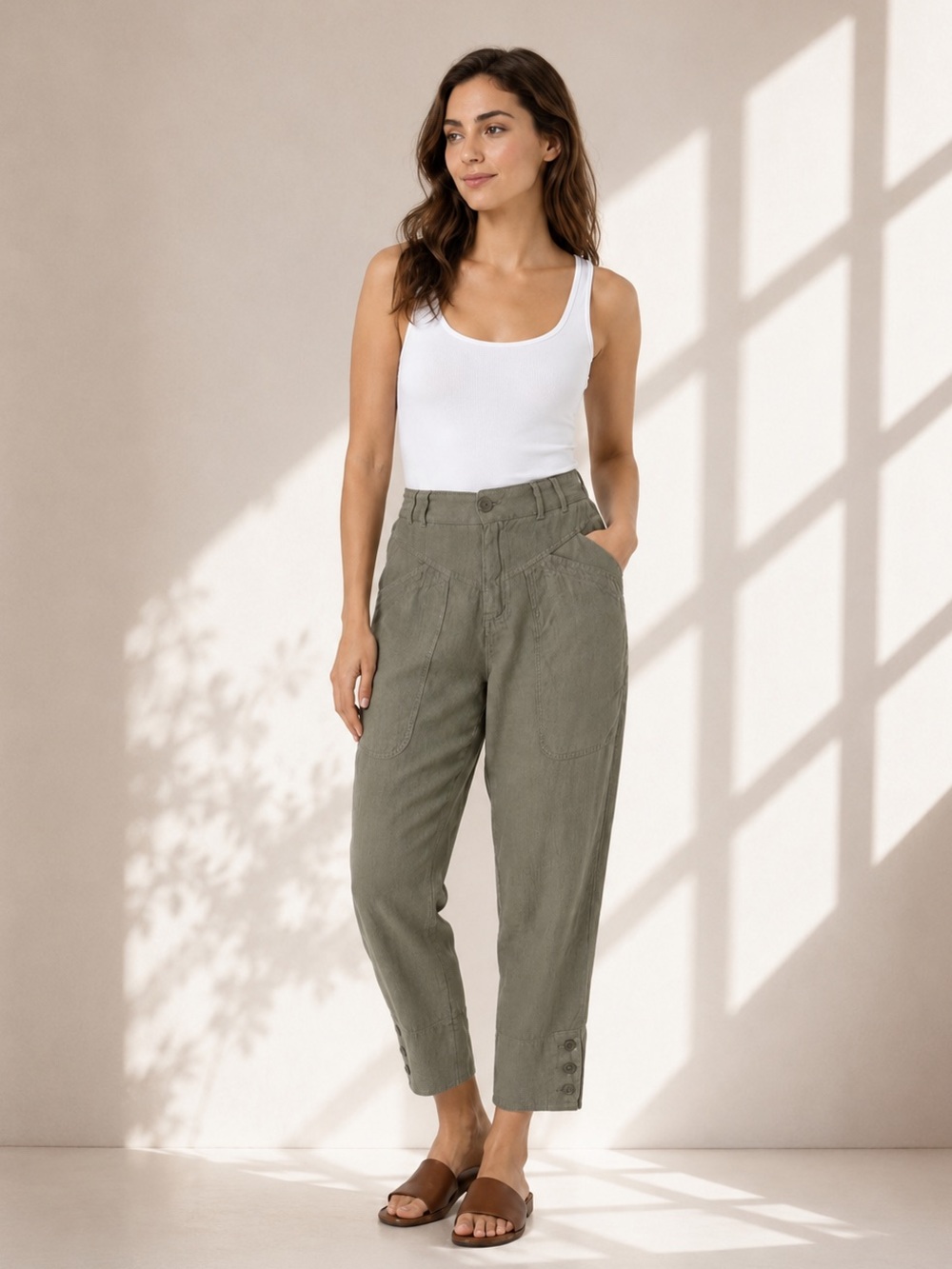 100% Linen Crop Pants WRAP London olive Green High Rise Straight Leg Portugal